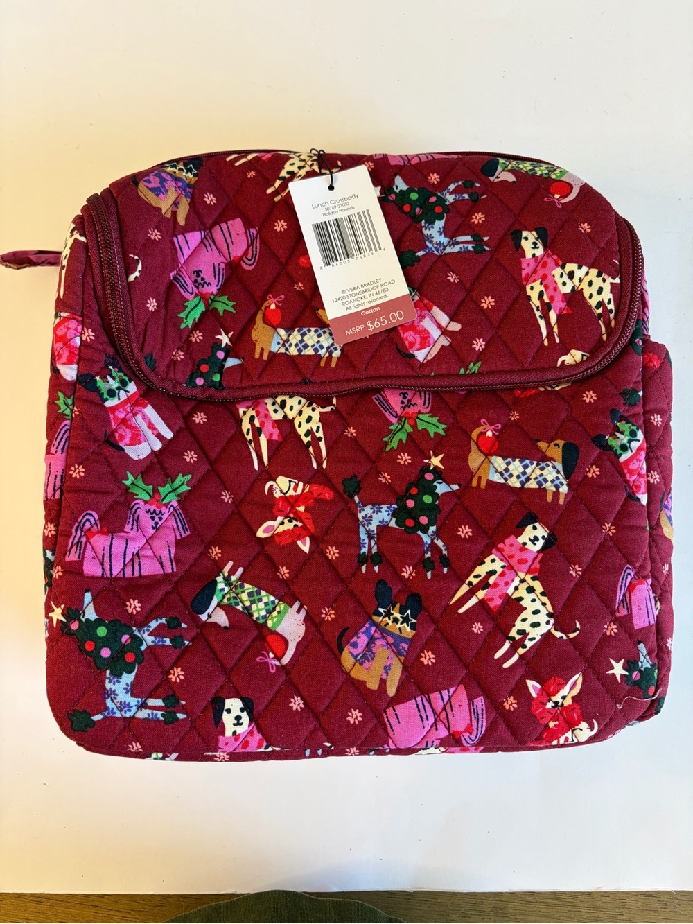 NWT Vera Bradley Burgundy Quilted shoulder lunch bag with Multicolor Dog Print